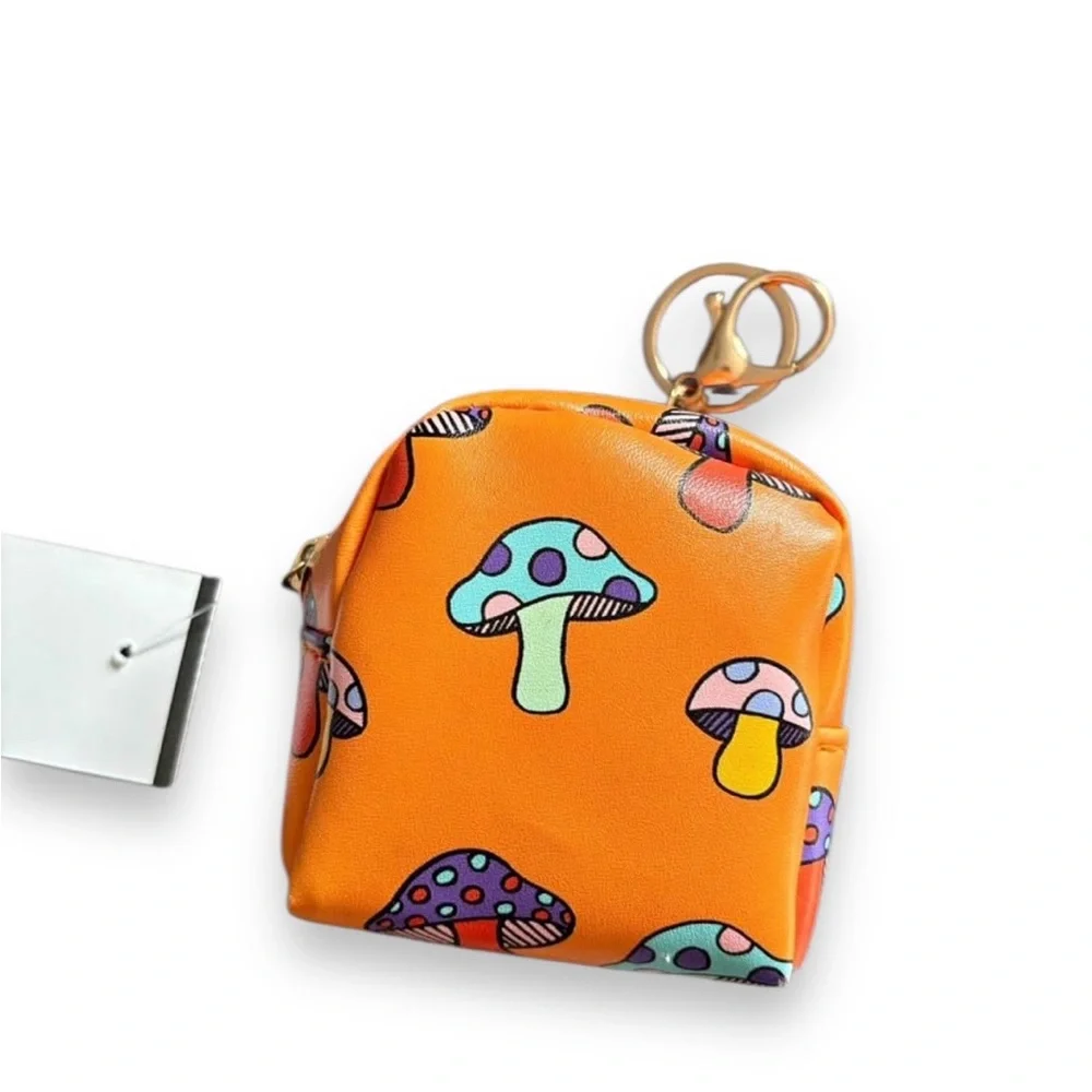 Orange Mushroom Print Coin Pouch Keychain